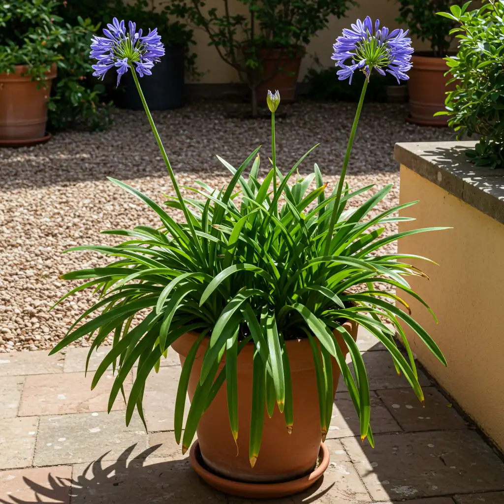 Agapanthe en pot sur une terrasse ensoleillée, avec feuillage abondant et hampe florale bleue en pleine floraison estivale