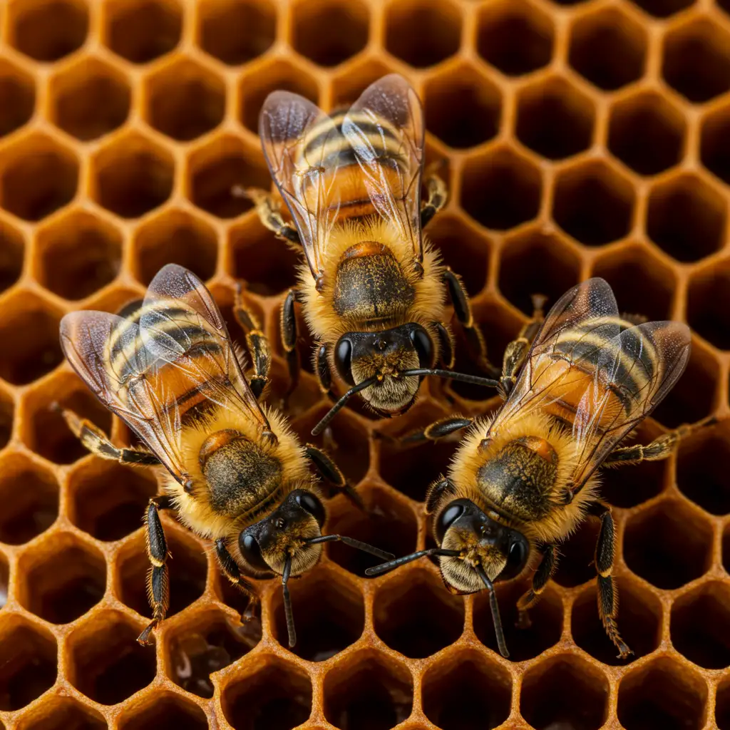 Vue macro des trois castes d'abeilles sur un rayon de cire hexagonale : reine, ouvrières et faux-bourdons