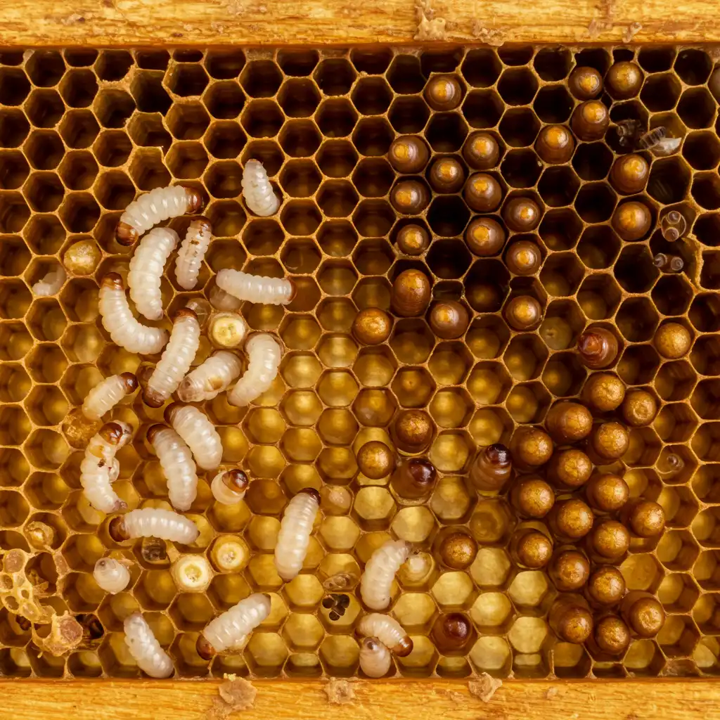 Vue de dessus d'un rayon de cire montrant des larves d'abeilles à différents stades de développement et des alvéoles operculées