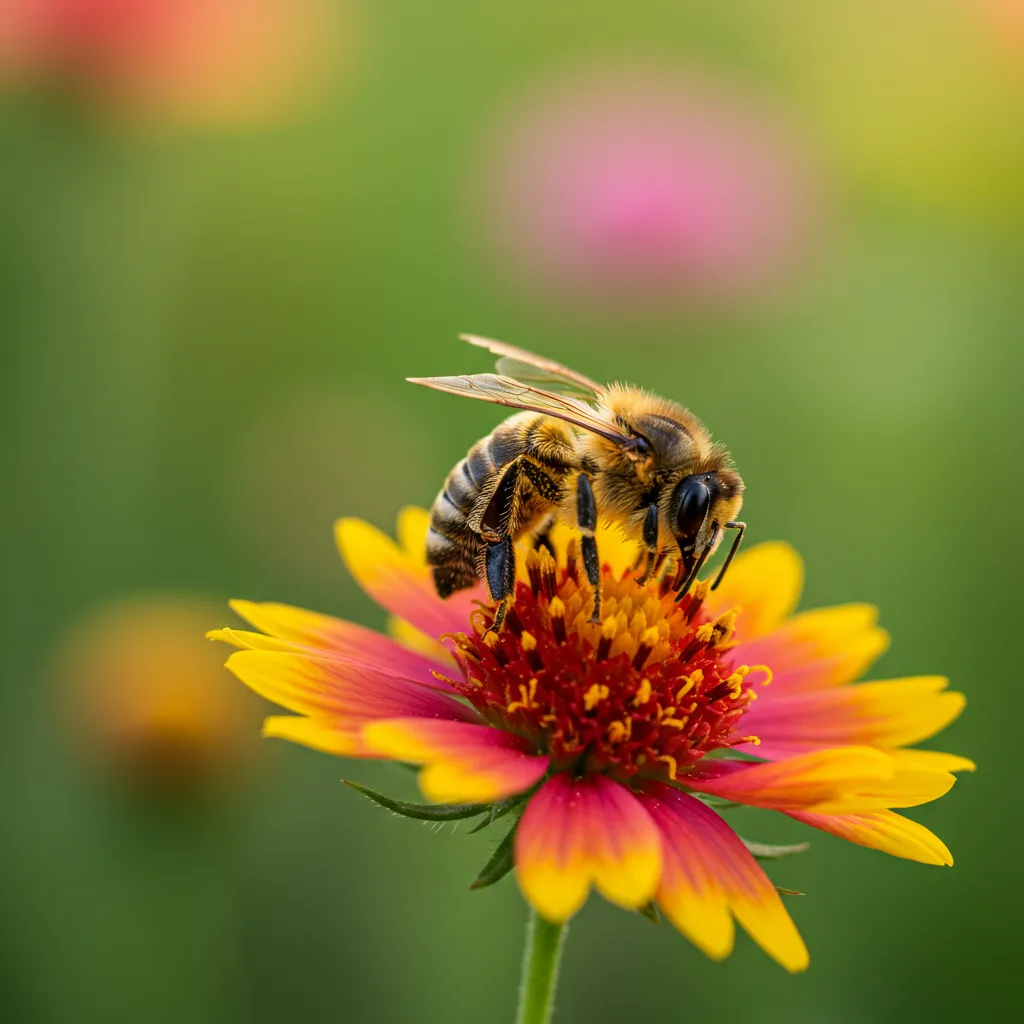 Abeille butineuse couverte de pollen sur une fleur sauvage colorée dans une prairie ensoleillée