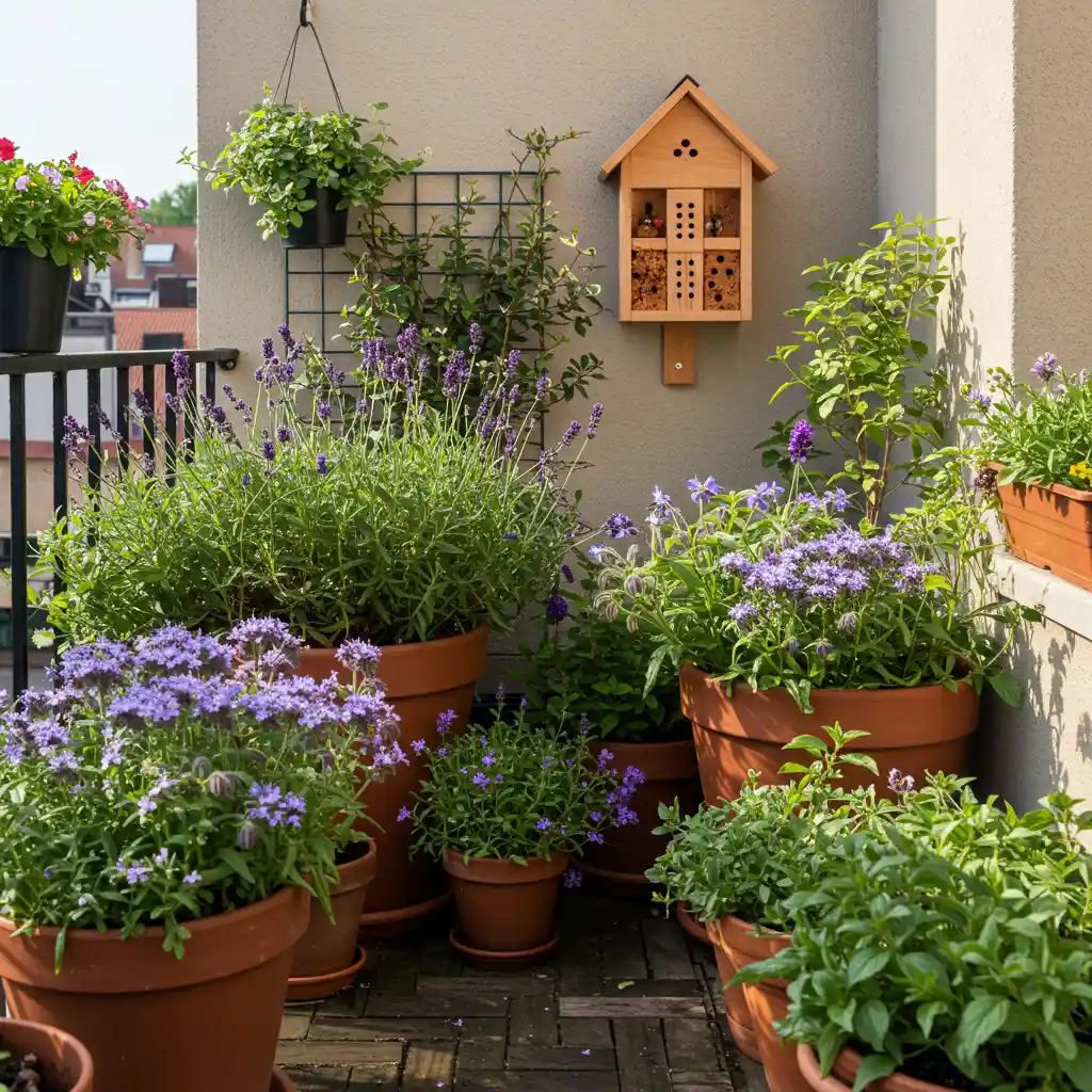 Jardin urbain fleuri avec des plantes mellifères en pot et un hôtel à insectes en bois pour accueillir les abeilles sauvages