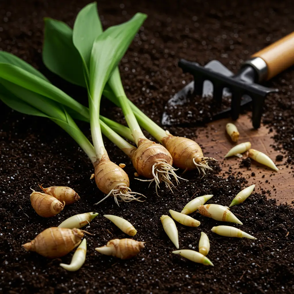 Griffes de muguet prêtes à être plantées, posées sur de la terre de jardin sombre avec leurs bourgeons bien visibles