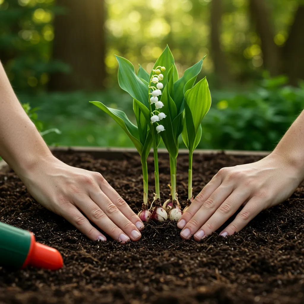 Plantation de griffes de muguet en pleine terre dans un massif mi-ombragé, mains de jardinier enfonçant les rhizomes dans le sol