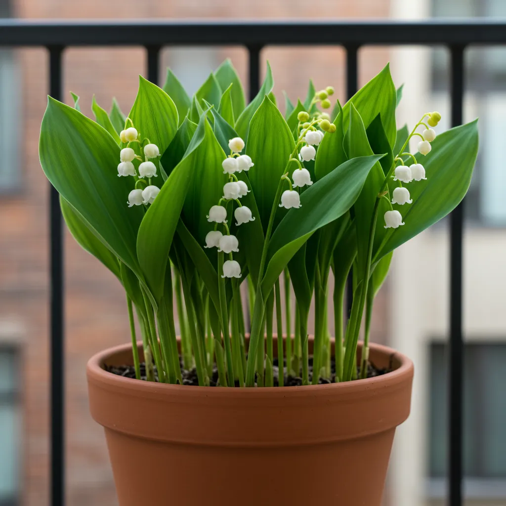 Muguet cultivé en pot sur un balcon urbain, avec ses clochettes blanches fleuries dans un contenant en terre cuite