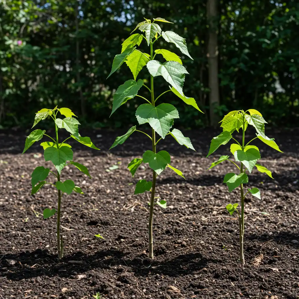 Comparaison de jeunes plants de différentes variétés de paulownia côte à côte dans un jardin, illustrant les différences de croissance