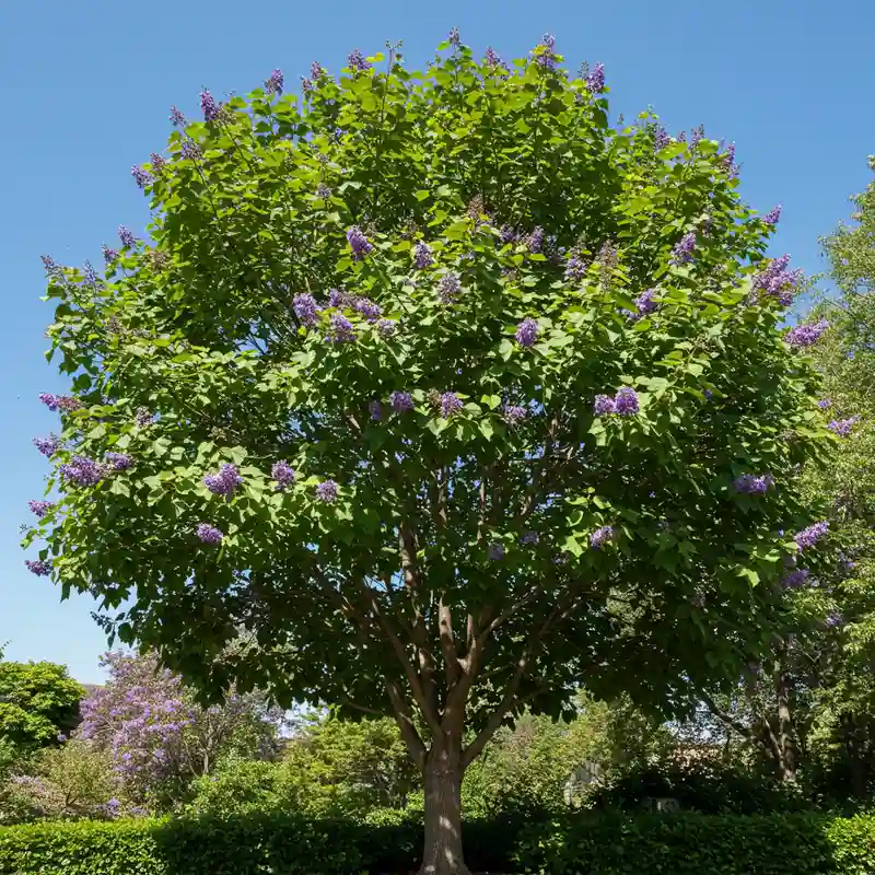Paulownia mature en milieu urbain avec son feuillage dense absorbant le CO₂, entouré de pollinisateurs sur ses fleurs mauves