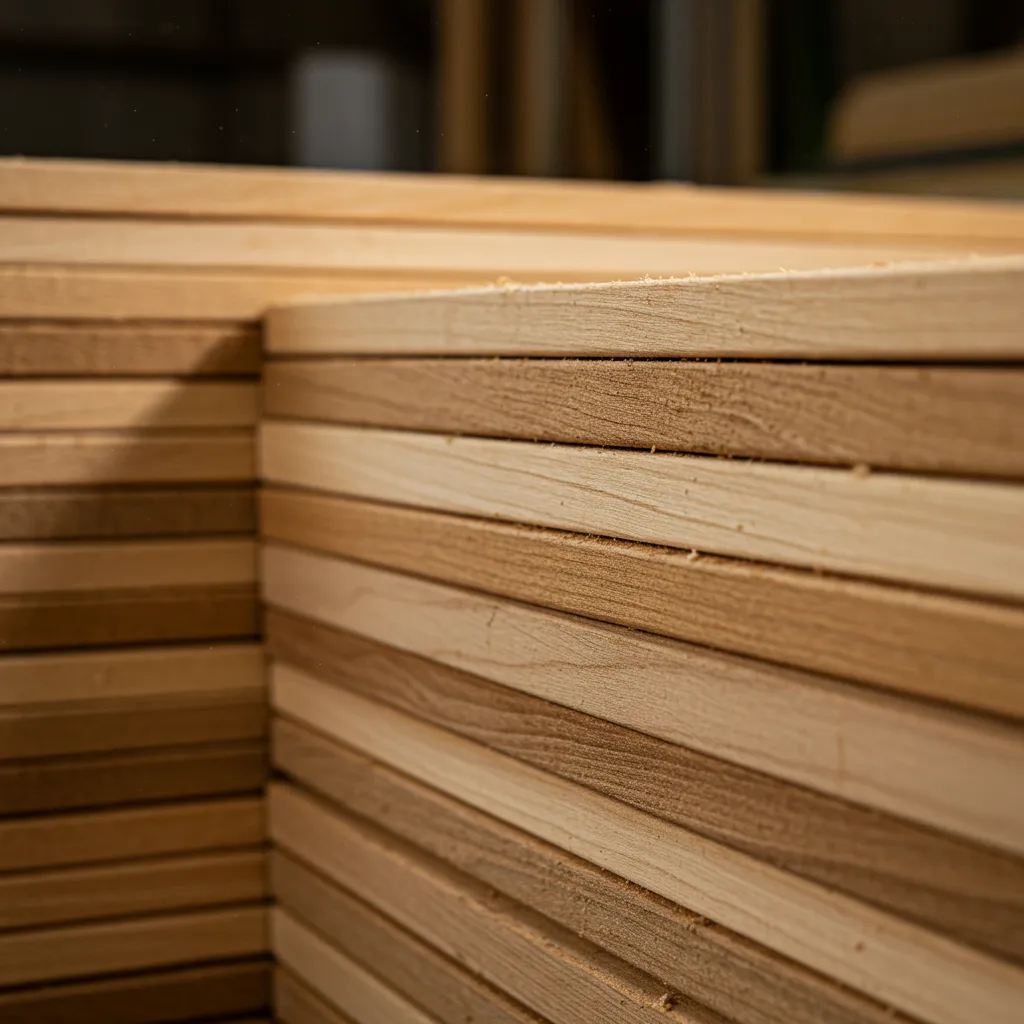 Planches de bois de paulownia empilées dans un atelier, mettant en valeur la qualité et la légèreté exceptionnelle de ce bois premium