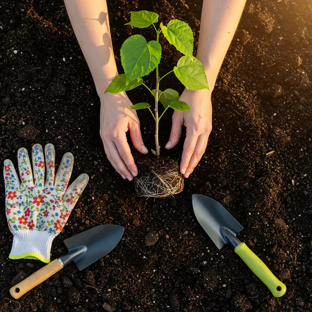 Plantation d'un jeune paulownia en pleine terre, gros plan sur les mains d'un jardinier positionnant le plant dans un sol bien préparé
