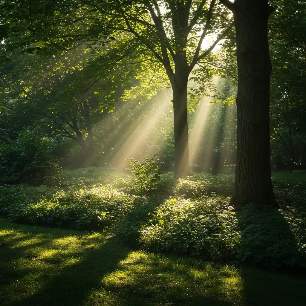 Emplacement idéal en mi-ombre lumineuse sous des arbres à feuilles caduques, avec une lumière matinale tamisée parfaite pour la plantation d'un rhododendron