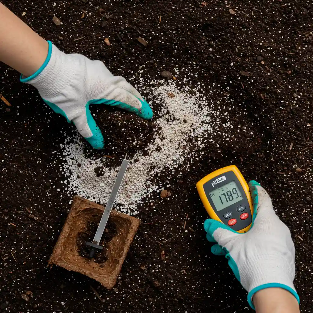 Préparation du sol acide pour rhododendron avec mélange de terre de bruyère et perlite, et mesure du pH avec un pH-mètre