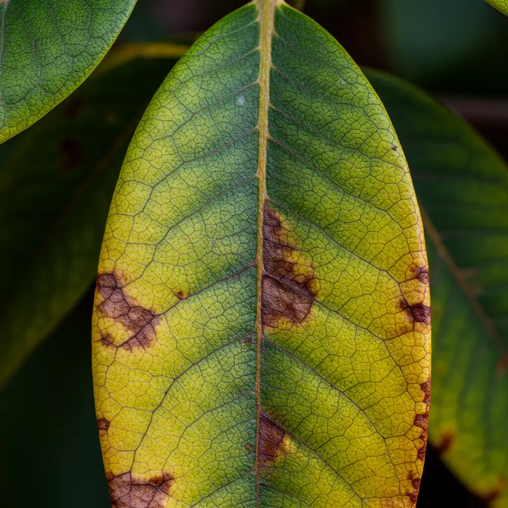 Feuilles de rhododendron atteintes de chlorose ferrique, montrant un jaunissement internervaire caractéristique avec les nervures restant vertes