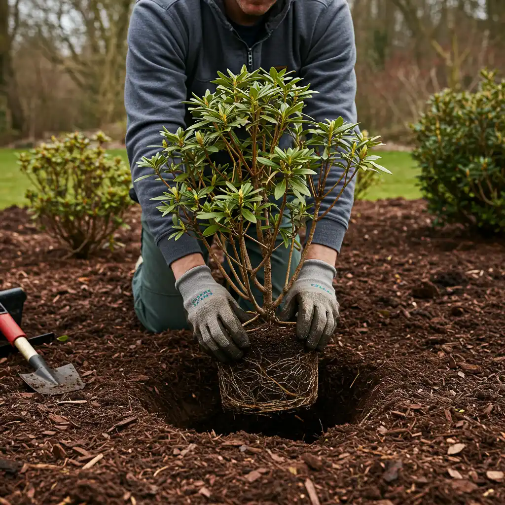 Plantation d'un jeune rhododendron dans un massif bien préparé, avec mise en place du plant et paillage de copeaux d'écorce