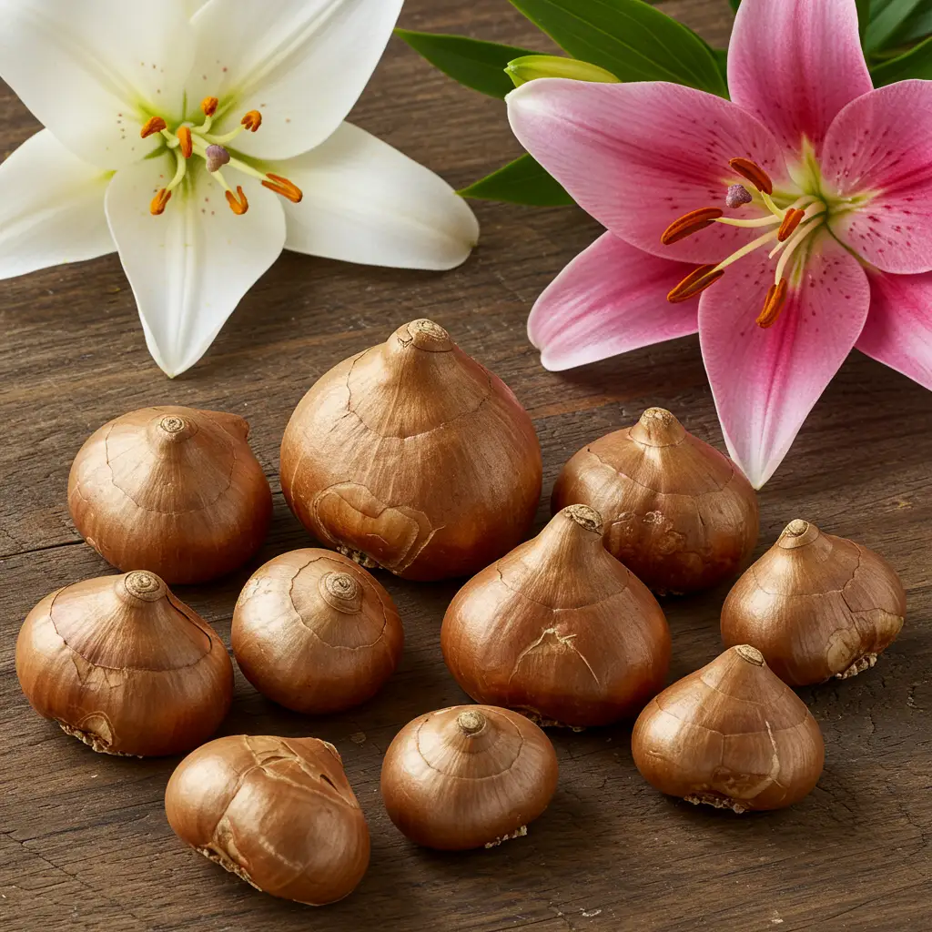 Bulbes de lys de différentes tailles et variétés posés sur une surface en bois à côté de fleurs de lys orientaux épanouies