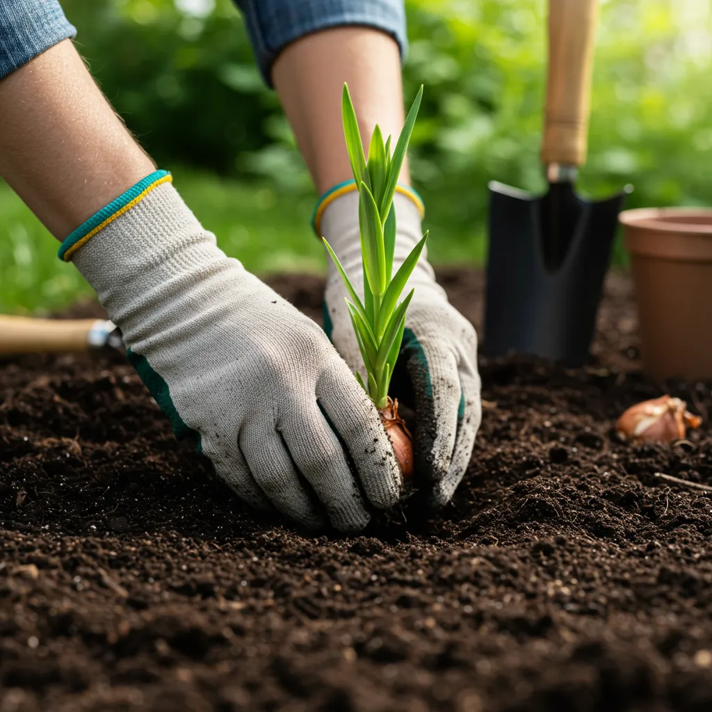 Mains gantées plantant un bulbe de lys dans un sol meuble et bien drainé au jardin