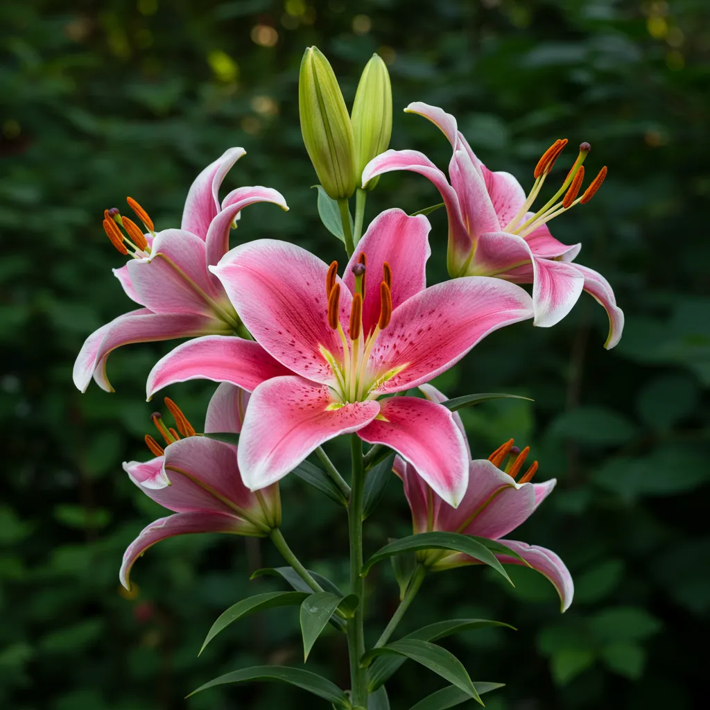 Tige de lys oriental en pleine floraison avec de grandes fleurs roses et blanches photographiée en contre-plongée dans un jardin