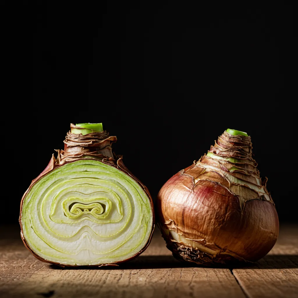 Gros bulbe d'amaryllis entier et en coupe posés sur une surface en bois, montrant la structure interne et les réserves nutritives du bulbe