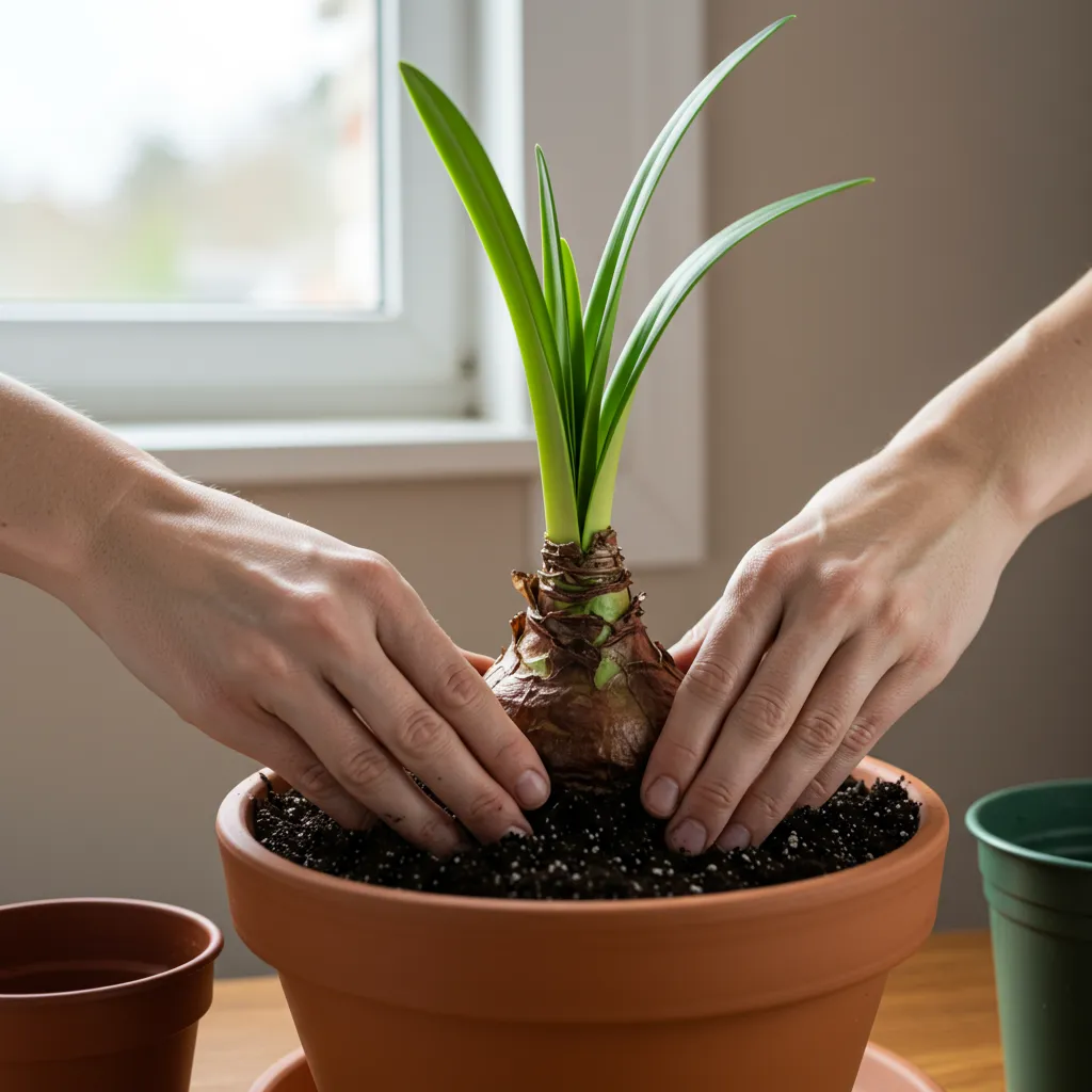 Mains plantant un bulbe d'amaryllis dans un pot en terre cuite avec du terreau, le tiers supérieur du bulbe dépassant du sol