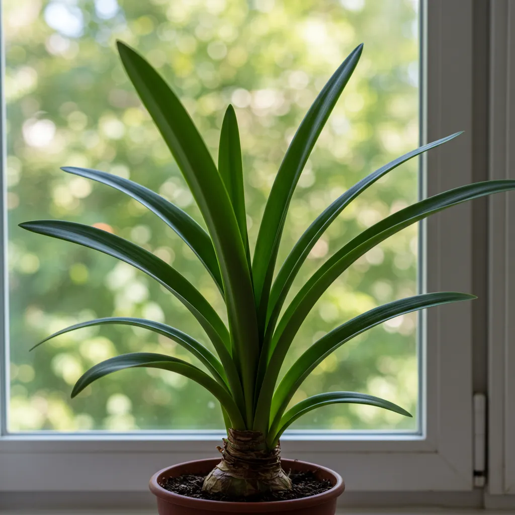 Plant d'amaryllis avec de larges feuilles vertes en pleine croissance sur un rebord de fenêtre ensoleillé, phase de reconstitution des réserves après floraison