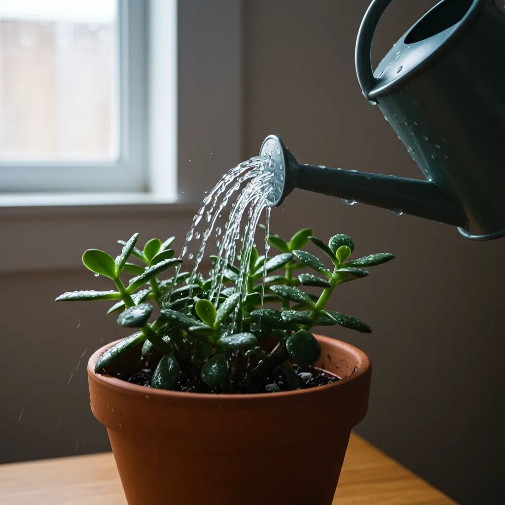 Arrosage précis d'un arbre de jade avec un arrosoir, gros plan sur les feuilles charnues et le pot en terre cuite