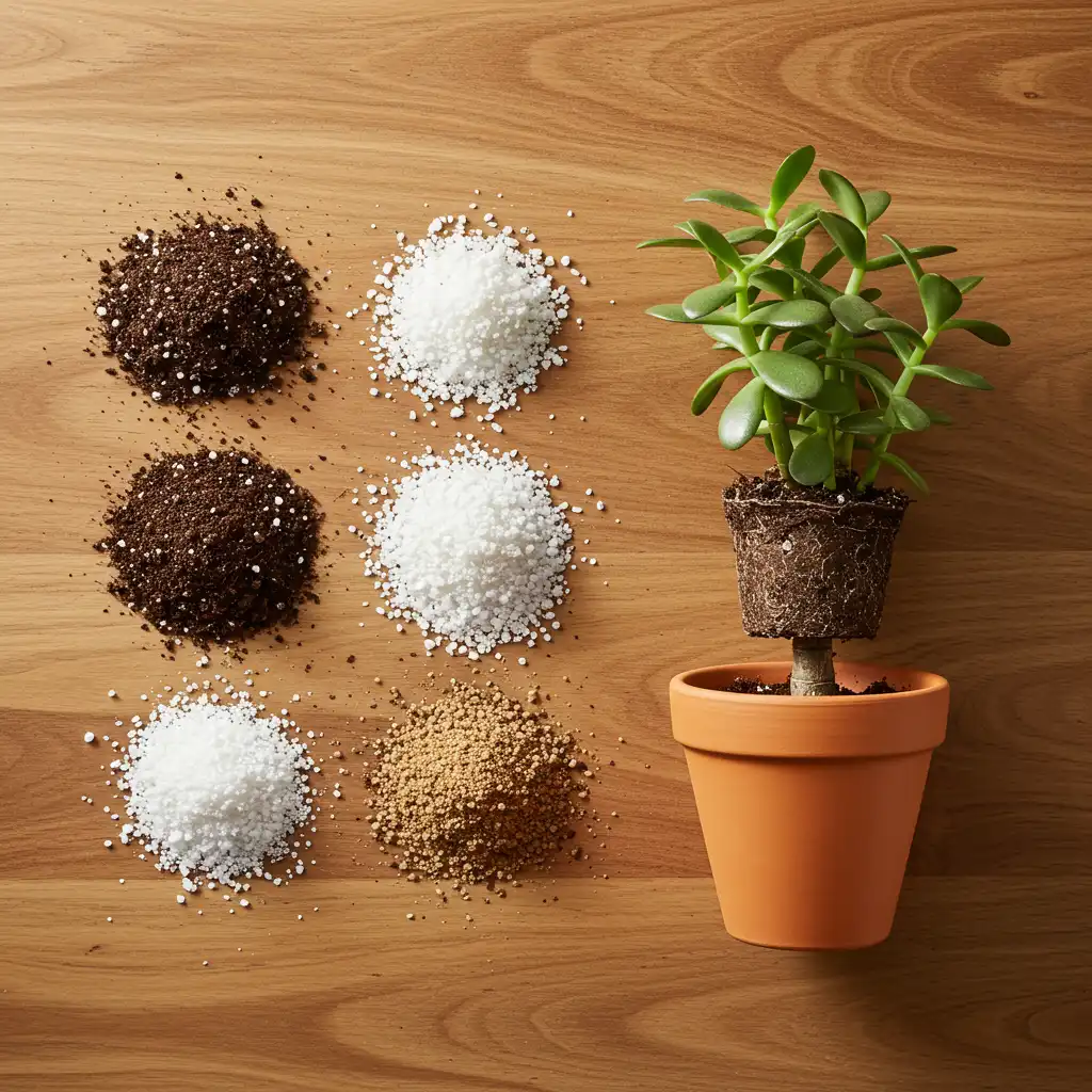 Mélange de substrat drainant pour arbre de jade : terreau, perlite et sable grossier préparés pour le rempotage