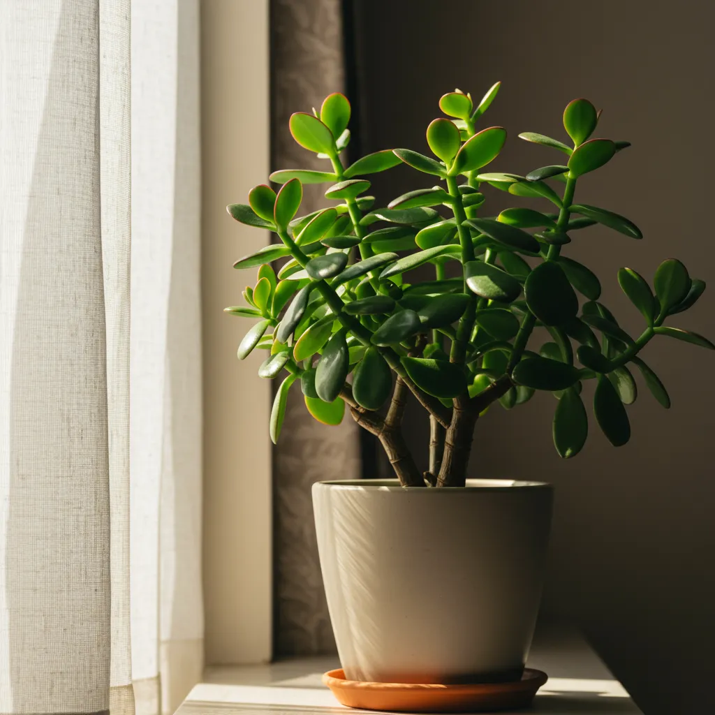 Arbre de jade positionné près d'une fenêtre lumineuse, lumière naturelle dorée, conditions d'éclairage idéales pour la plante
