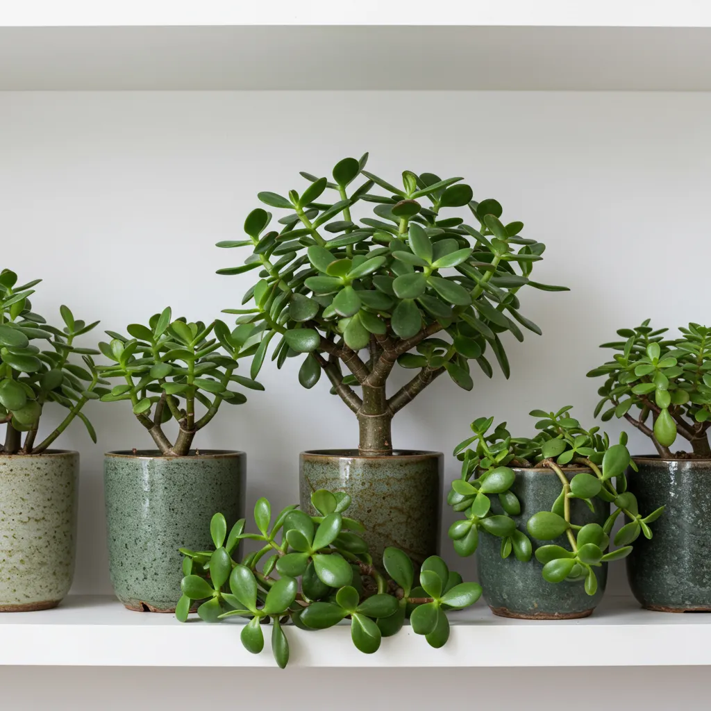 Collection de différentes variétés d'arbres de jade côte à côte, présentant la diversité des formes et feuillages du Crassula ovata
