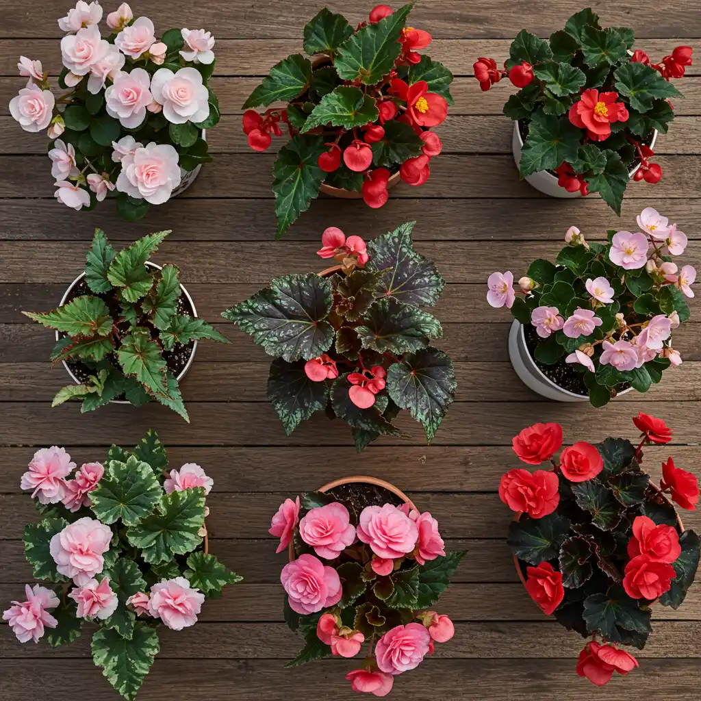 Vue de dessus de plusieurs variétés de bégonias côte à côte illustrant leurs différences de feuillage et de fleurs