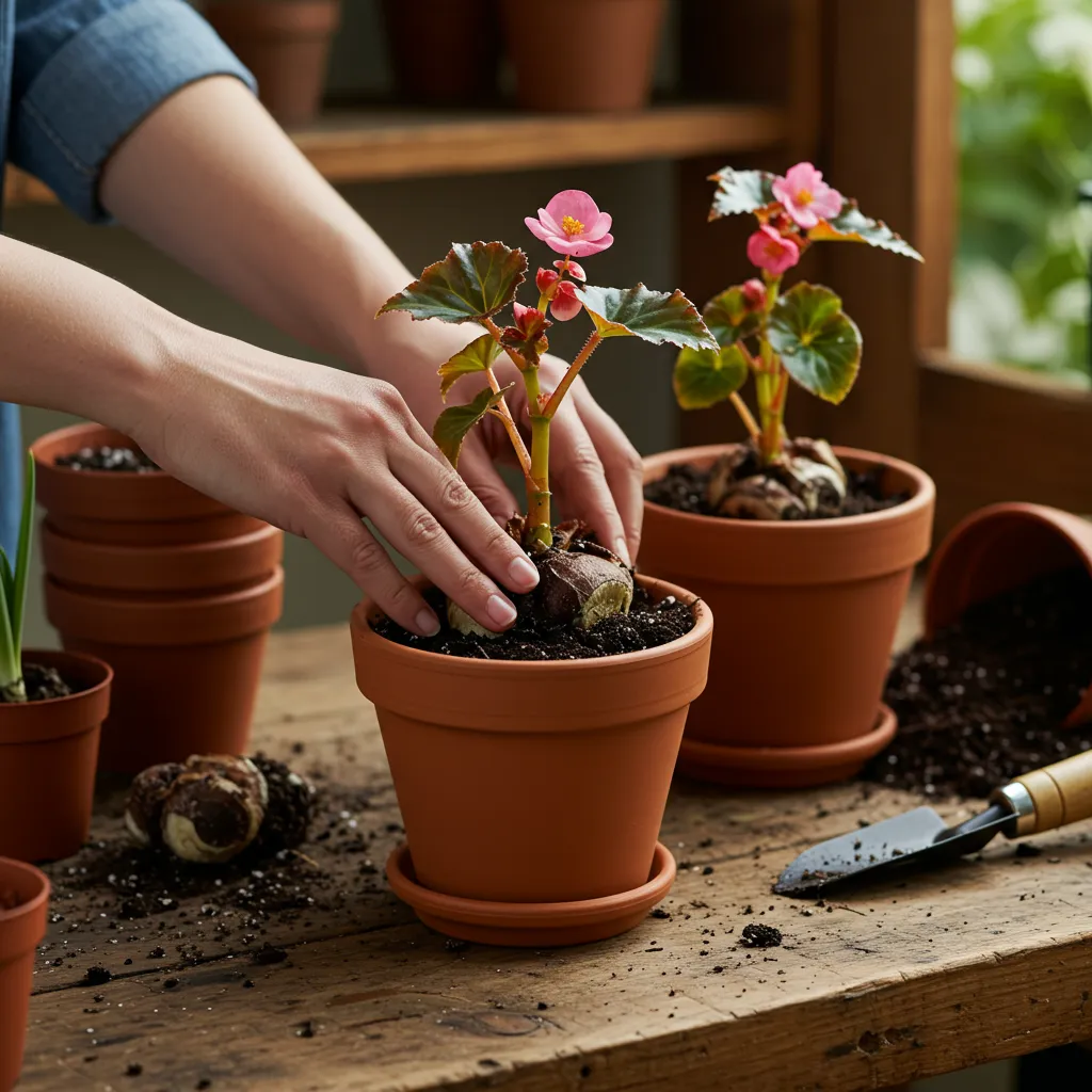 Plantation de tubercules de bégonia dans des pots en terre cuite sur un établi de jardinage au printemps
