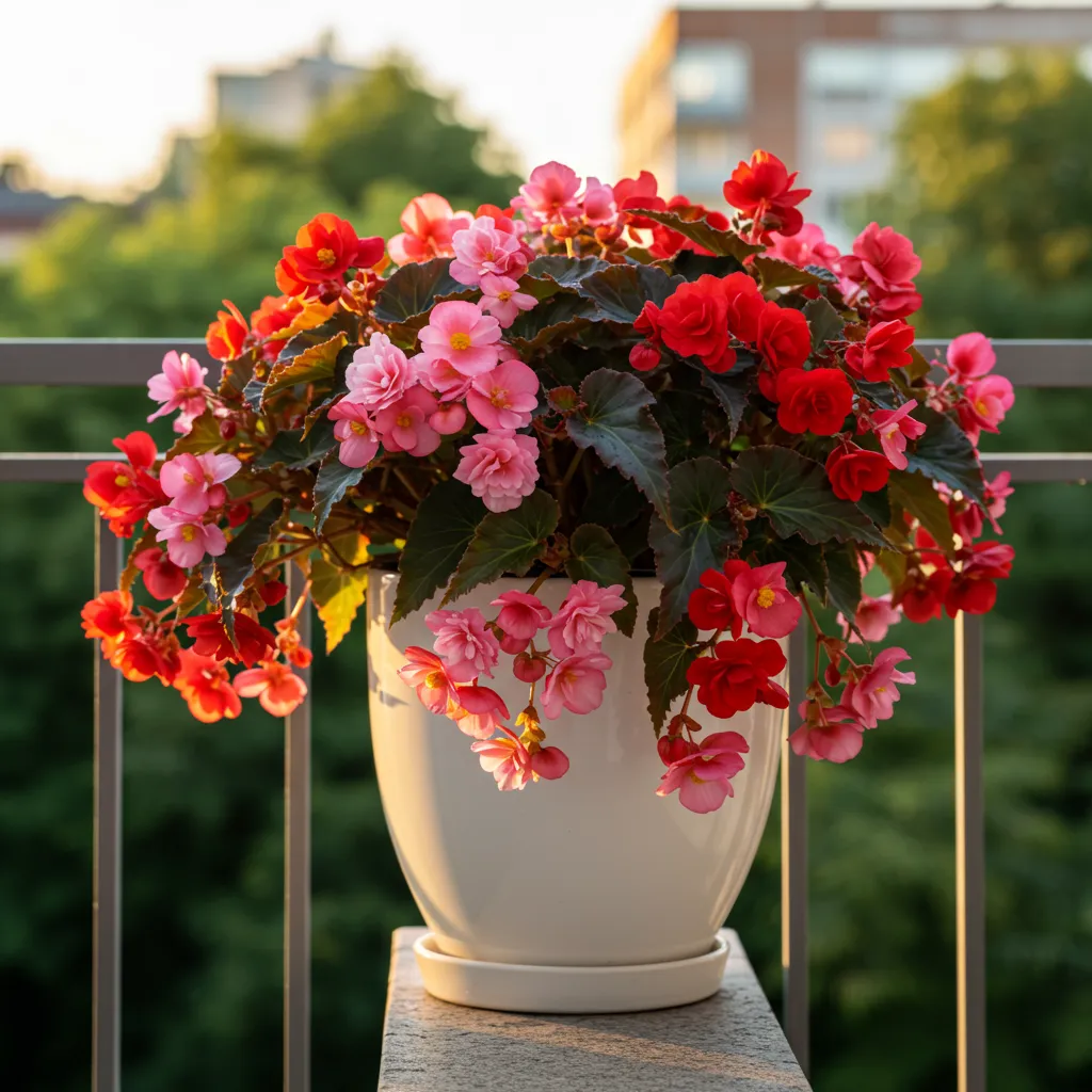 Bégonia en fleurs dans un pot blanc moderne sur un balcon urbain baigné de lumière dorée