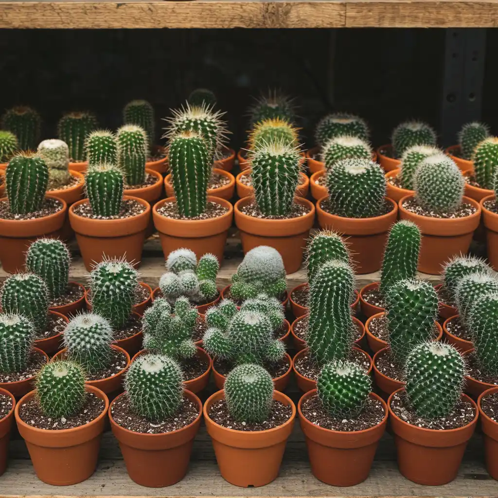 Assortiment de cactus de différentes tailles et espèces présentés sur des étagères en bois, illustrant la diversité des prix et des formats disponibles