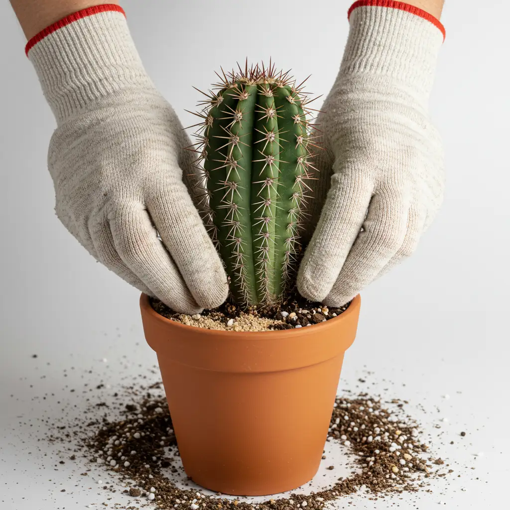 Rempotage d'un cactus épineux avec des gants de protection dans un substrat drainant composé de terre spéciale cactus et de perlite