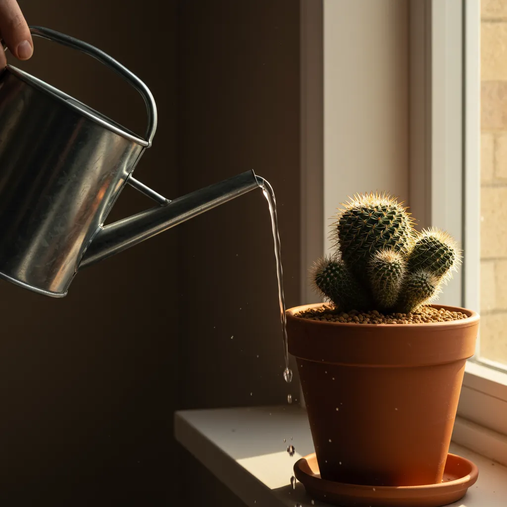 Arrosage précis et mesuré d'un cactus Mammillaria en pot de terre cuite, illustrant la technique d'arrosage saisonnier adapté aux cactus de désert