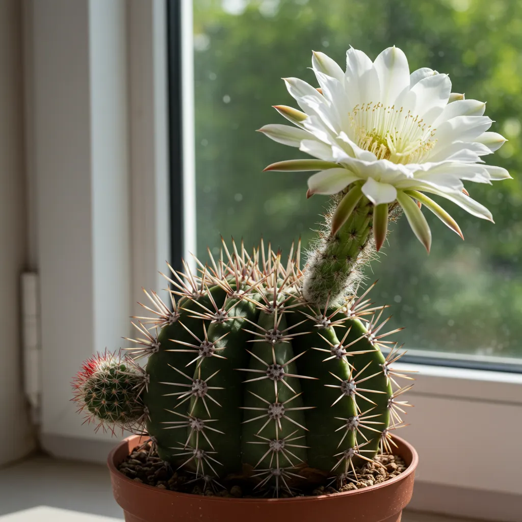 Cactus Echinopsis mature en pleine floraison avec une grande fleur blanche épanouie, posé sur un rebord de fenêtre ensoleillé