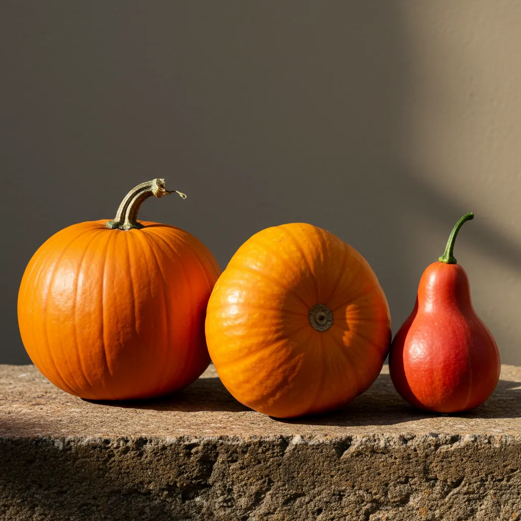 Comparaison côte à côte d'une citrouille ronde orange, d'un potiron aplati rouge-orangé et d'un potimarron en forme de toupie rouge brique