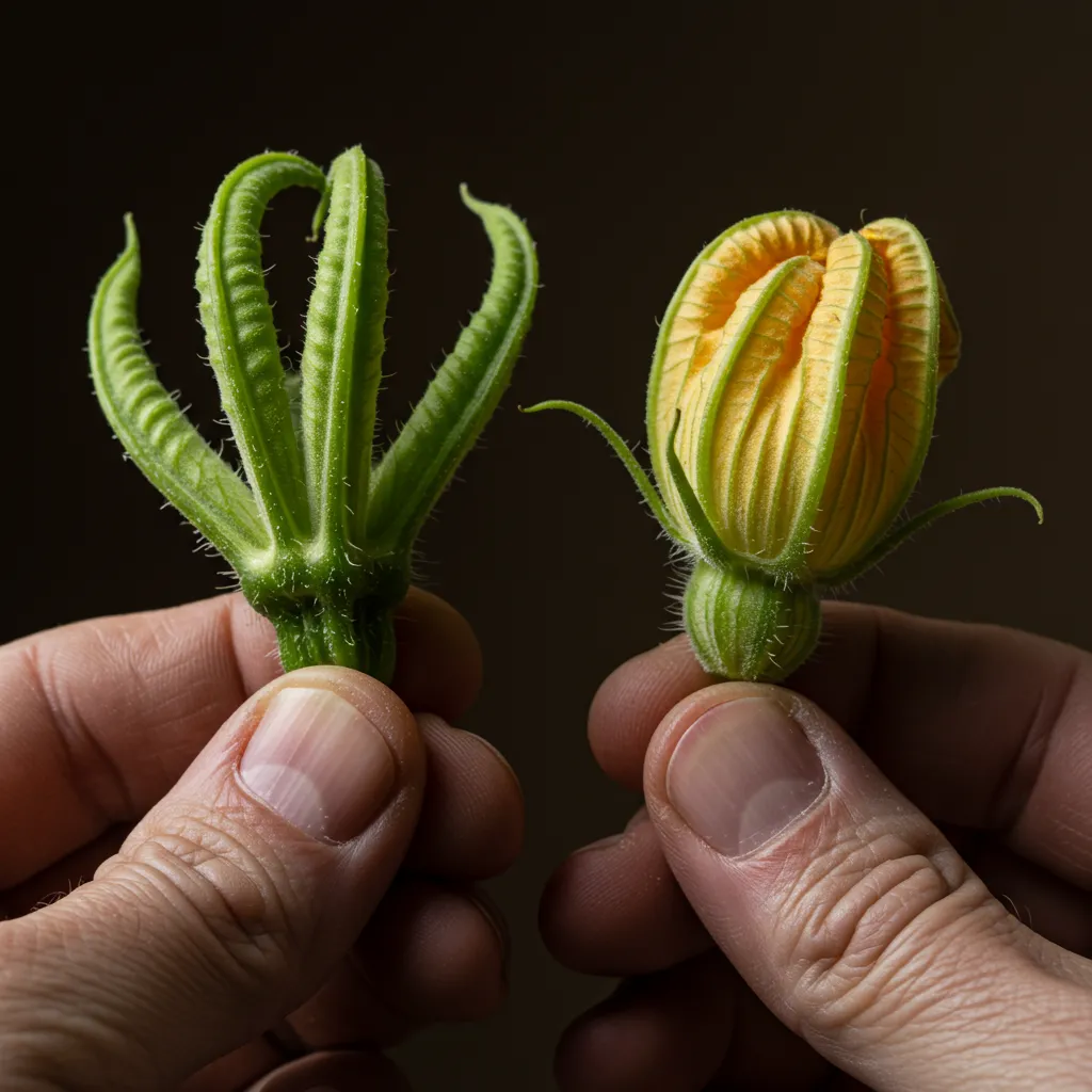 Gros plan comparatif de deux pédoncules de cucurbitacées montrant les différences de texture entre la citrouille anguleuse et le potiron spongieux évasé