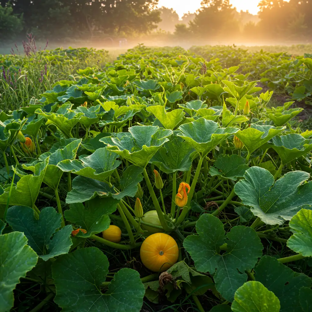 Potager avec des plants de citrouilles et potirons en pleine croissance, larges feuilles vertes et jeunes fruits visibles parmi les tiges rampantes