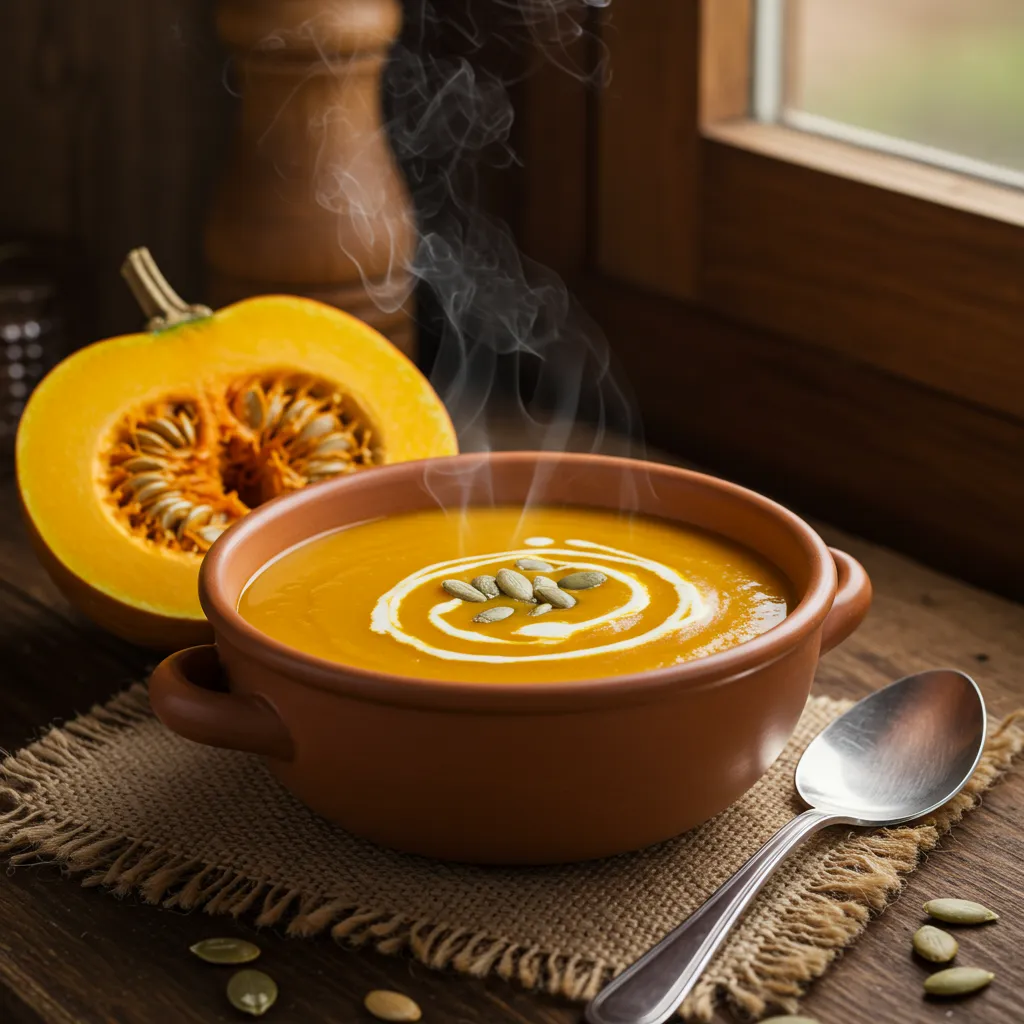 Bol de velouté de potiron fumant garni de graines et de crème, accompagné d'un potimarron coupé en deux révélant sa chair orange vif