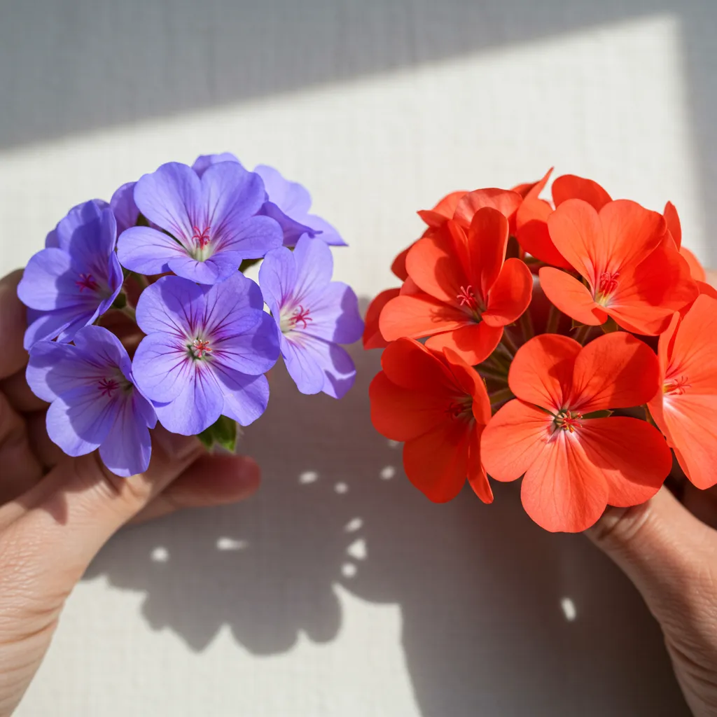 Comparaison en gros plan d'une fleur de géranium à symétrie radiale et d'une fleur de pélargonium à symétrie bilatérale, montrant la différence de structure des pétales