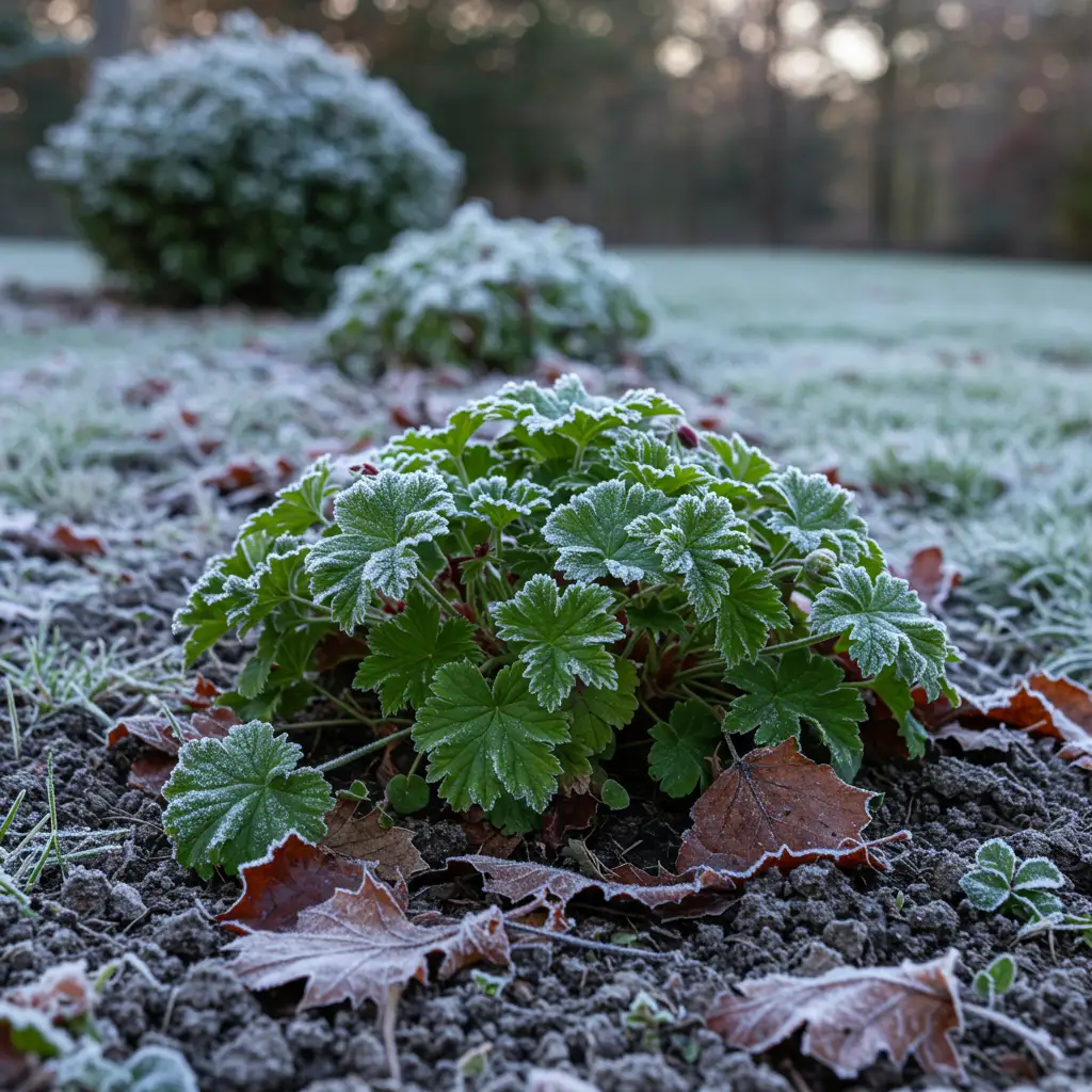 Géranium vivace rustique en pleine terre en hiver, avec un feuillage vert et bordeaux résistant au gel, illustrant sa robustesse face aux températures négatives