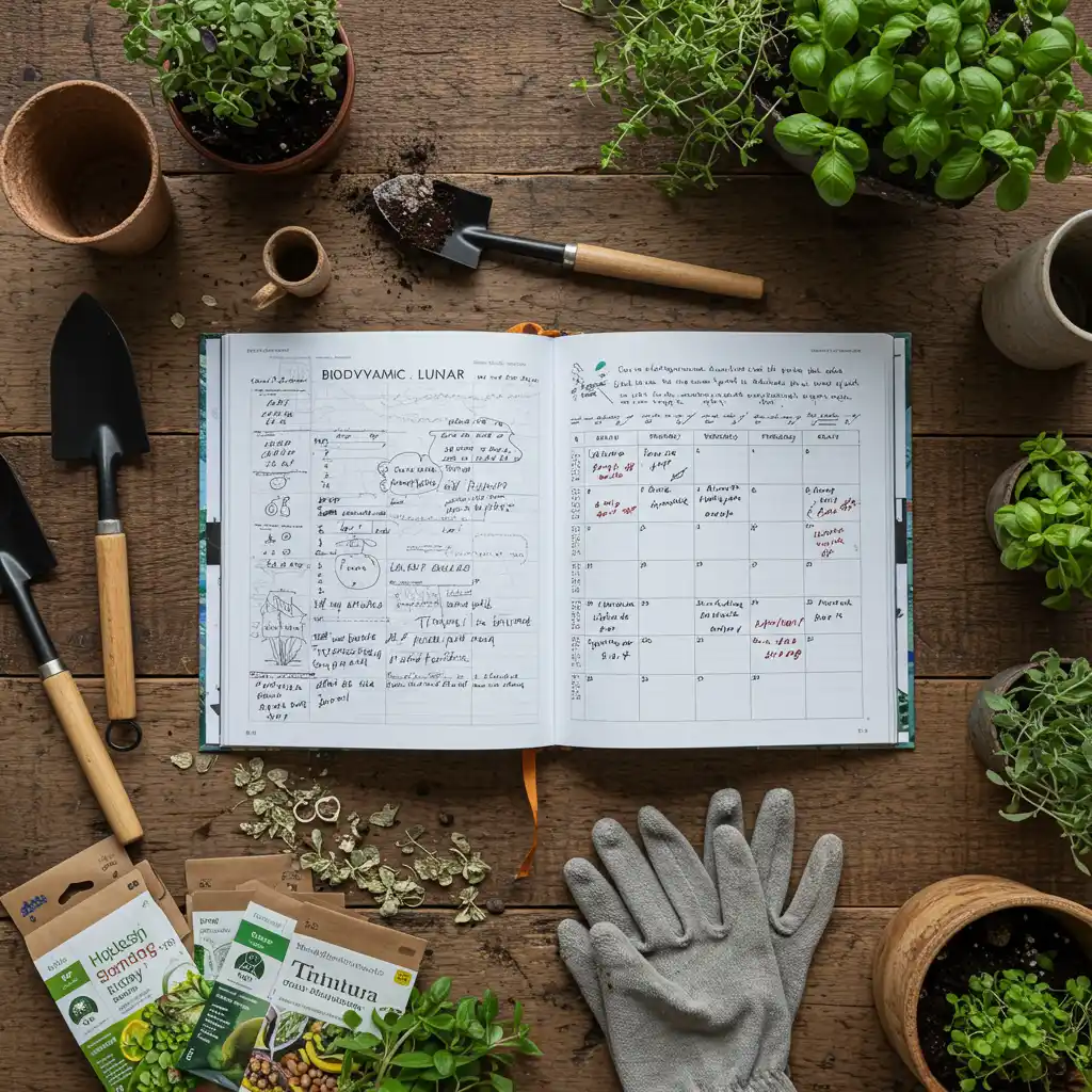 Calendrier lunaire biodynamique ouvert sur une table en bois entouré d'outils de jardinage et de sachets de graines