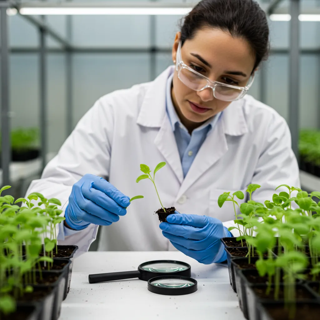 Chercheur examinant une jeune pousse en laboratoire, illustrant l'analyse scientifique de l'influence lunaire sur les plantes