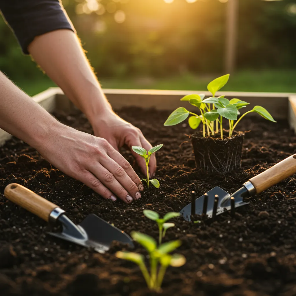 Mains d'un jardinier plantant des semis dans une terre riche et sombre, illustrant la pratique concrète du jardinage lunaire