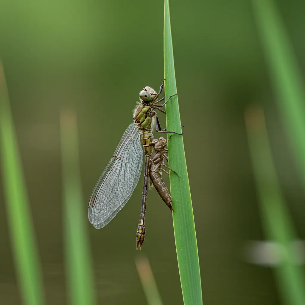 Libellule adulte en cours d'émergence sur une tige de roseau, ailes encore froissées et translucides