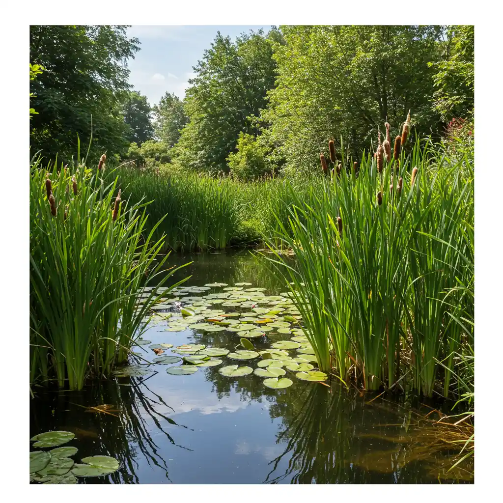 Mare de jardin naturelle entourée de plantes aquatiques émergées, habitat idéal pour les libellules