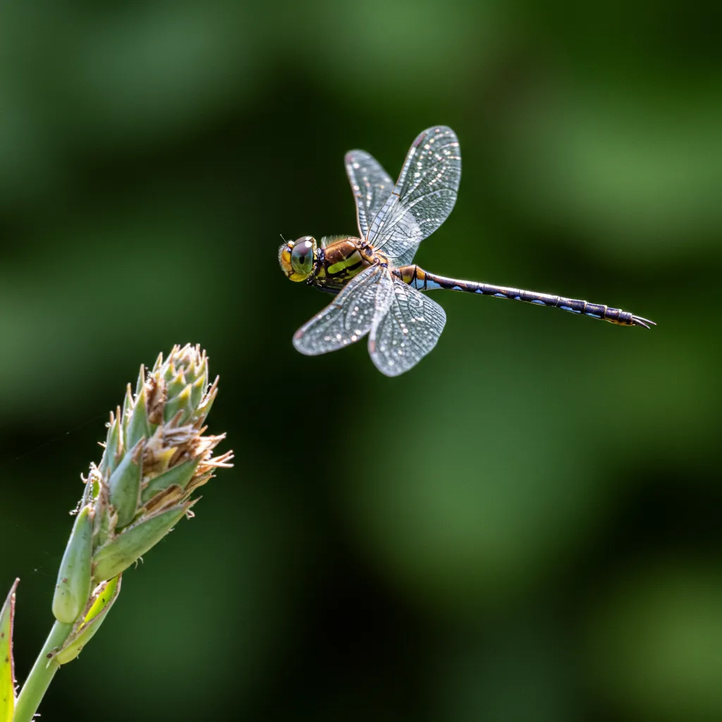 Libellule en vol chassant au-dessus d'une mare de jardin, ailes déployées capturant la lumière naturelle