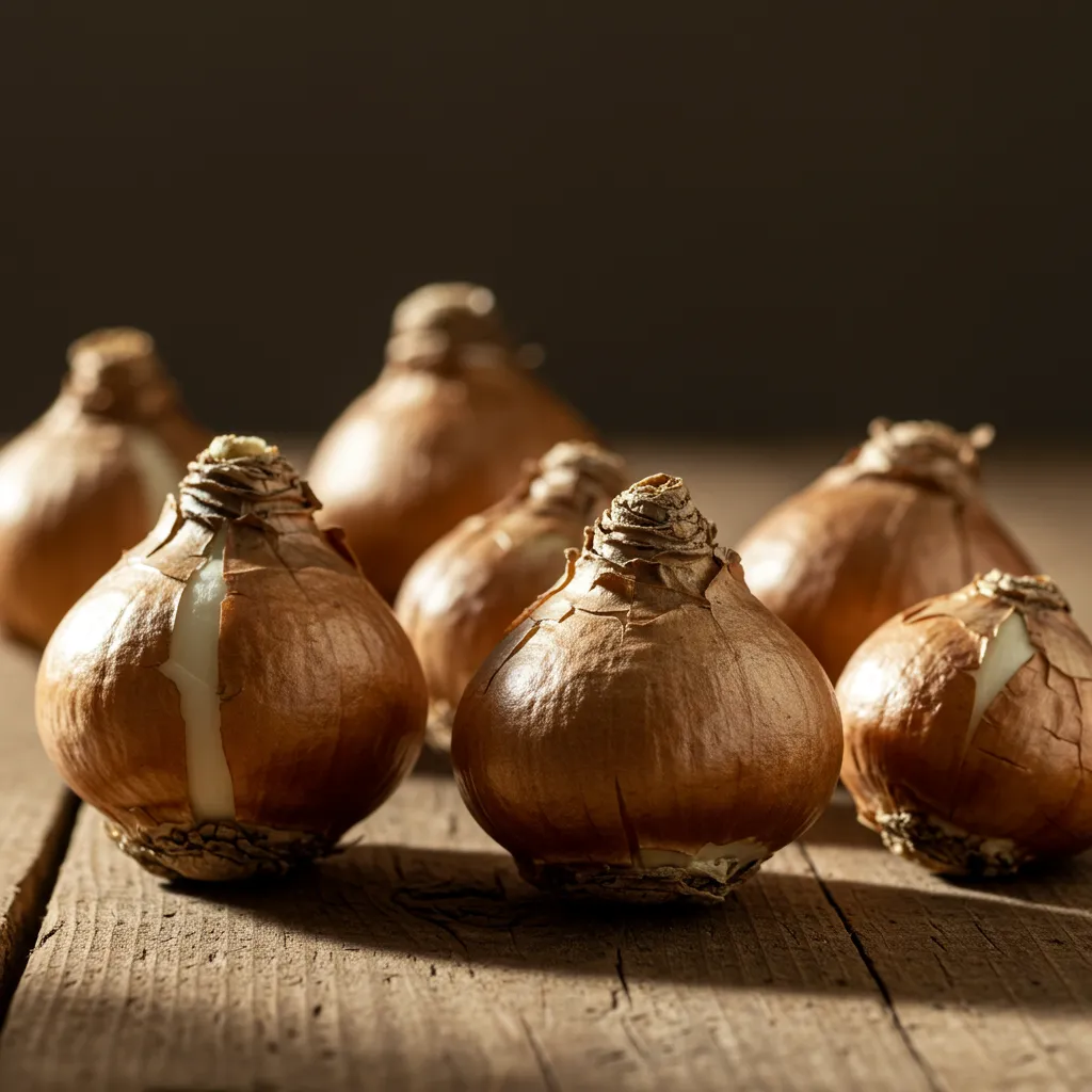 Bulbes de jacinthe de différents calibres posés sur une surface en bois, pointe vers le haut