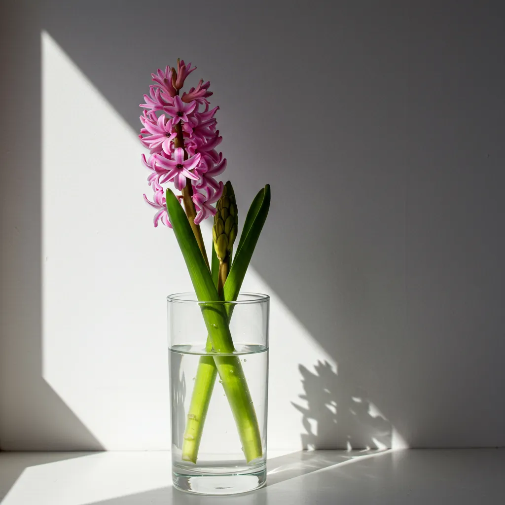 Jacinthe forcée en fleur dans un vase en verre avec de l'eau, floraison hivernale en intérieur