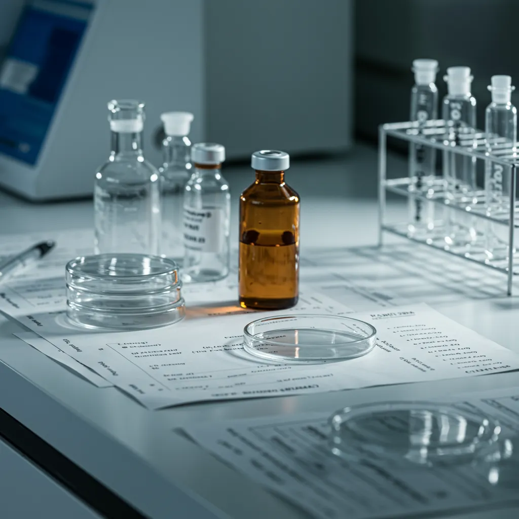 Échantillons chimiques et documents de recherche scientifique en laboratoire, représentant l'analyse des effets des pesticides sur la santé humaine