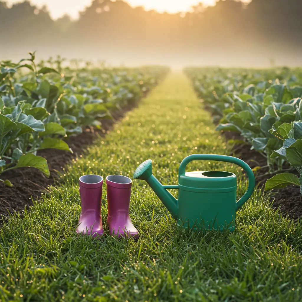 Bottes d'enfant et arrosoir au bord d'un jardin potager près de champs agricoles, symbolisant la vulnérabilité des enfants face aux pesticides