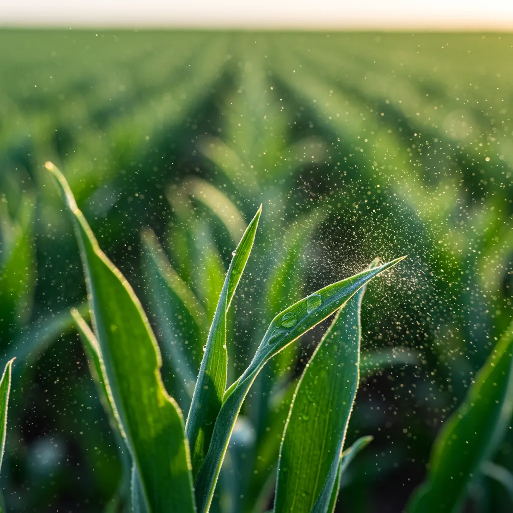 Gros plan de gouttelettes d'herbicide sur des feuilles de plantes cultivées, illustrant l'exposition directe des cultures aux pesticides controversés comme le glyphosate